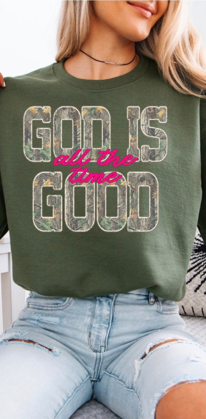 “God Is Good All The Time" Camo Crewneck